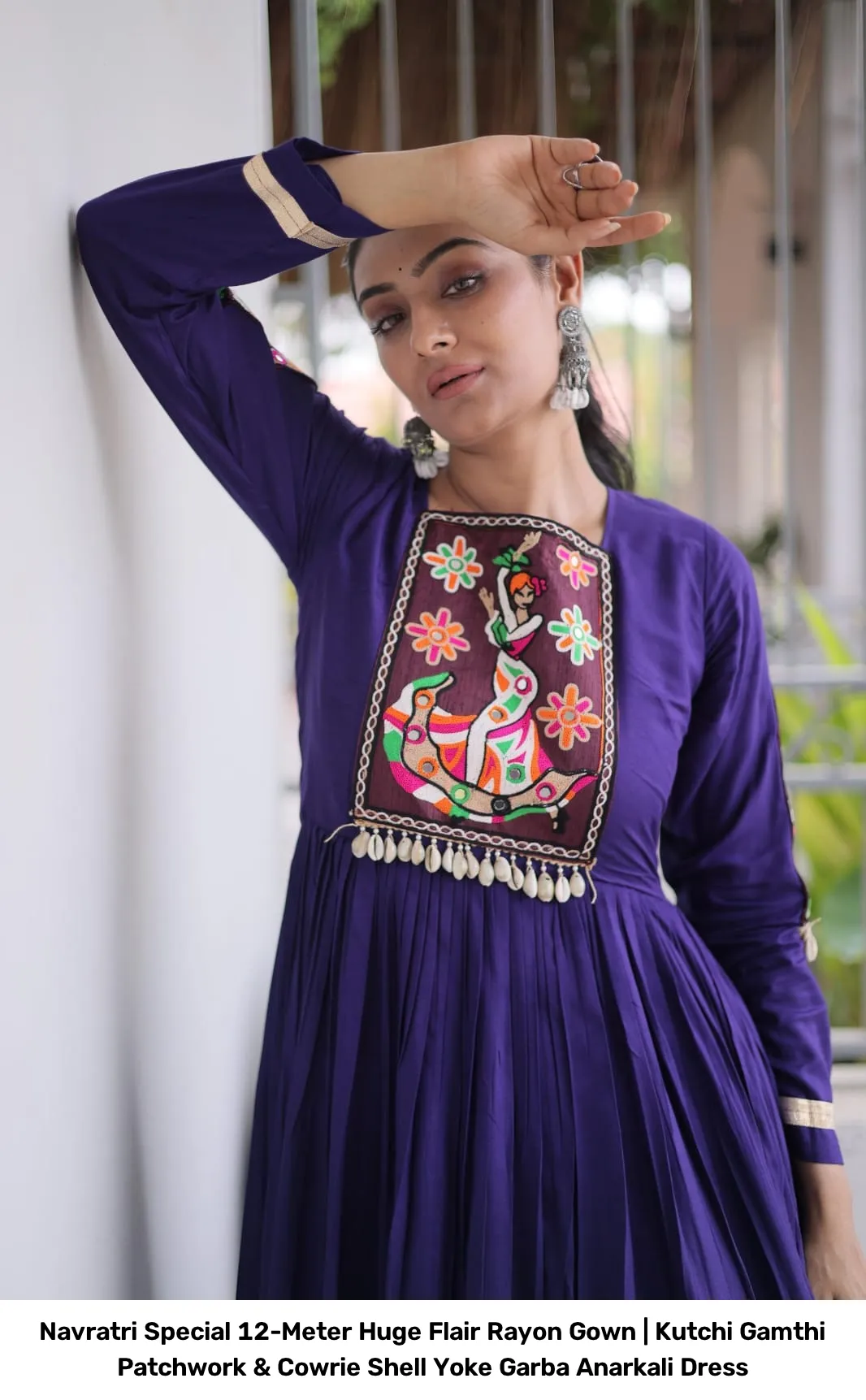 Navratri Special 12-Meter Huge Flair Rayon Gown | Kutchi Gamthi Patchwork & Cowrie Shell Yoke Garba Anarkali Dress 2