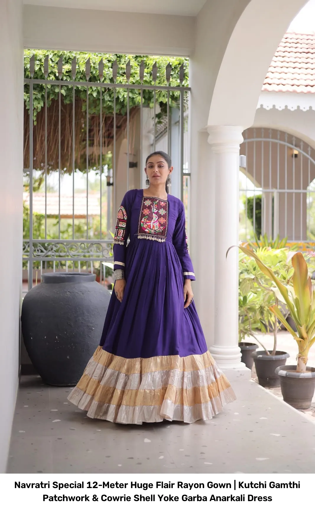 Navratri Special 12-Meter Huge Flair Rayon Gown | Kutchi Gamthi Patchwork & Cowrie Shell Yoke Garba Anarkali Dress 3