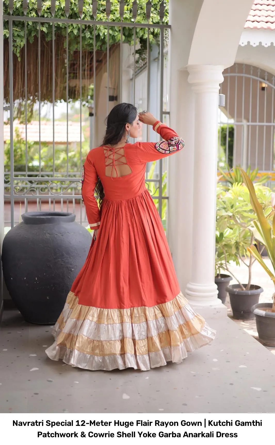 Navratri Special 12-Meter Huge Flair Rayon Gown | Kutchi Gamthi Patchwork & Cowrie Shell Yoke Garba Anarkali Dress 4