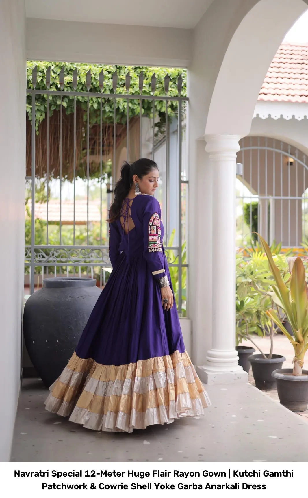 Navratri Special 12-Meter Huge Flair Rayon Gown | Kutchi Gamthi Patchwork & Cowrie Shell Yoke Garba Anarkali Dress 5