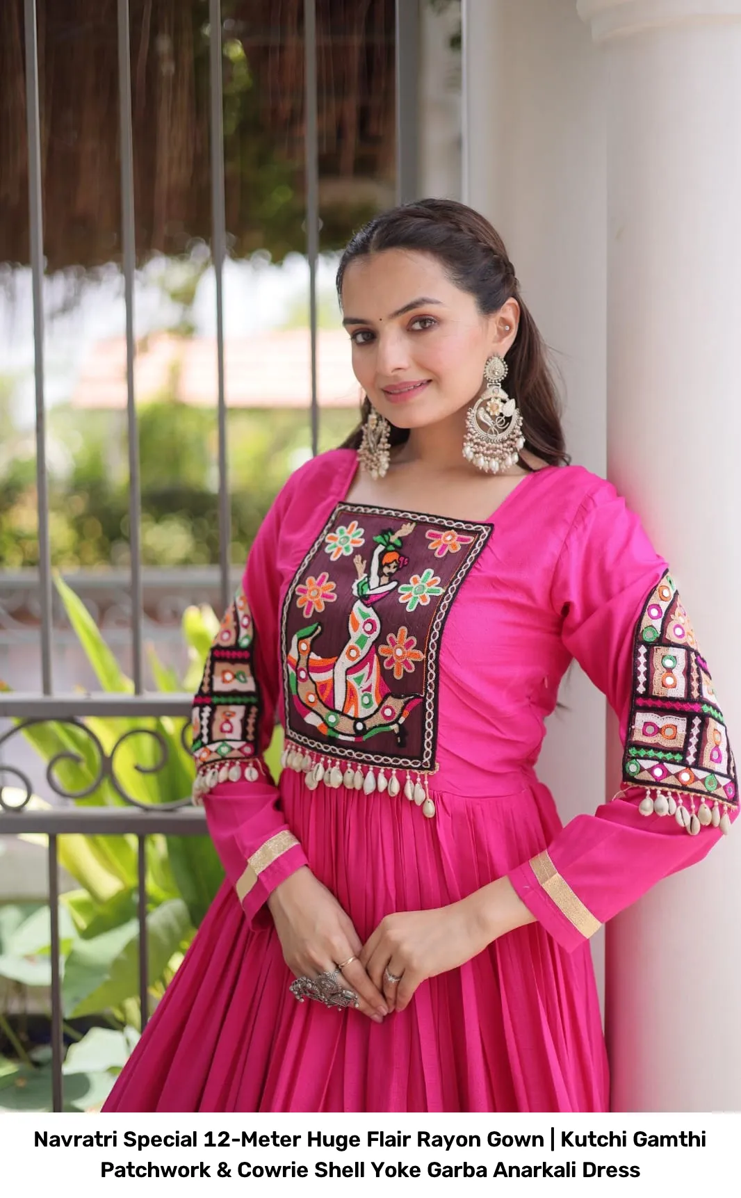 Navratri Special 12-Meter Huge Flair Rayon Gown | Kutchi Gamthi Patchwork & Cowrie Shell Yoke Garba Anarkali Dress 6