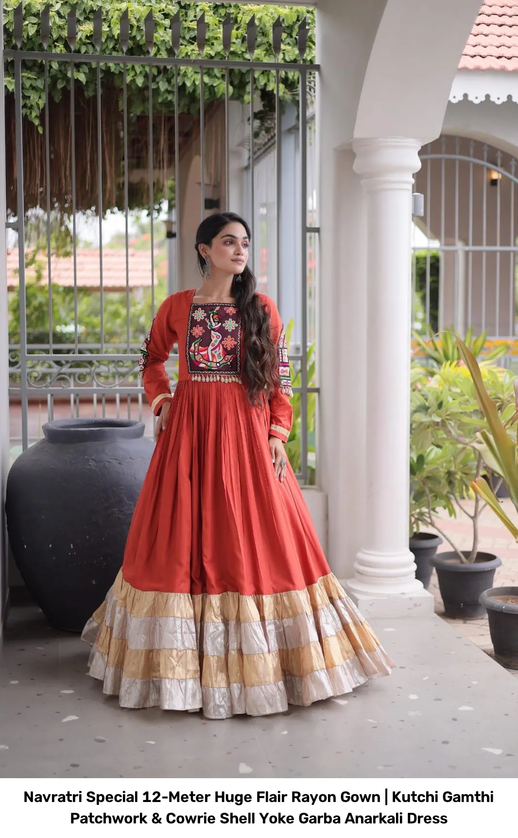 Navratri Special 12-Meter Huge Flair Rayon Gown | Kutchi Gamthi Patchwork & Cowrie Shell Yoke Garba Anarkali Dress 7
