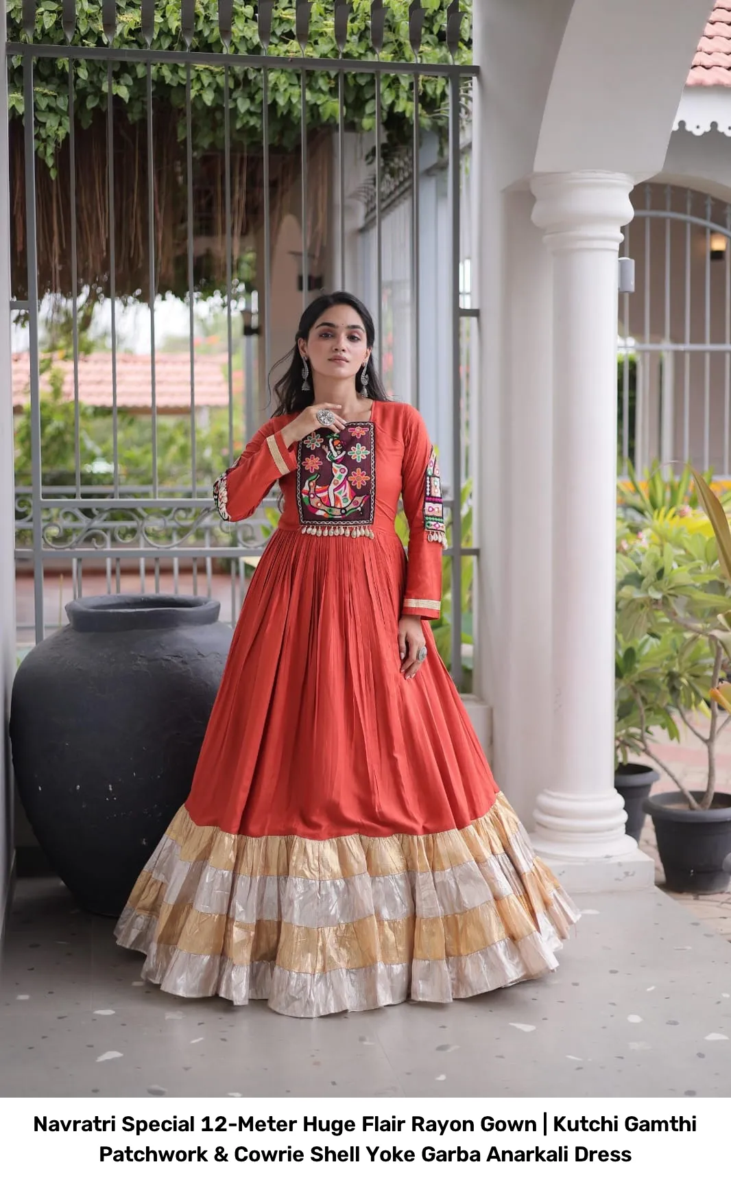 Navratri Special 12-Meter Huge Flair Rayon Gown | Kutchi Gamthi Patchwork & Cowrie Shell Yoke Garba Anarkali Dress 8