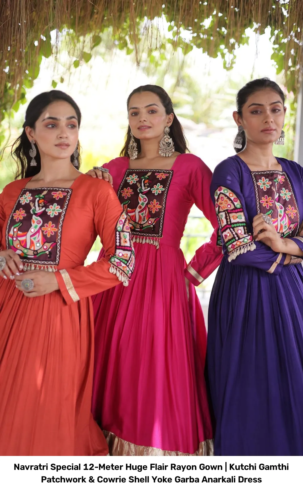Navratri Special 12-Meter Huge Flair Rayon Gown | Kutchi Gamthi Patchwork & Cowrie Shell Yoke Garba Anarkali Dress 9