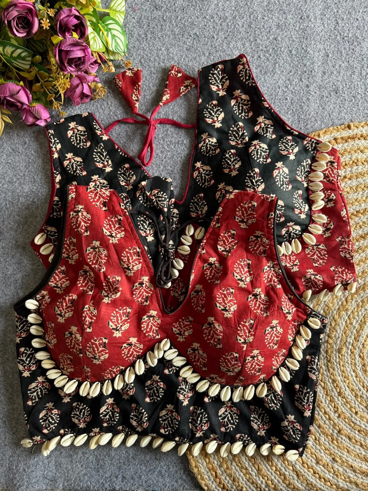 Navratri Special Ajrakh Cotton Blouse with Real Cowrie Shells | Readymade Choli