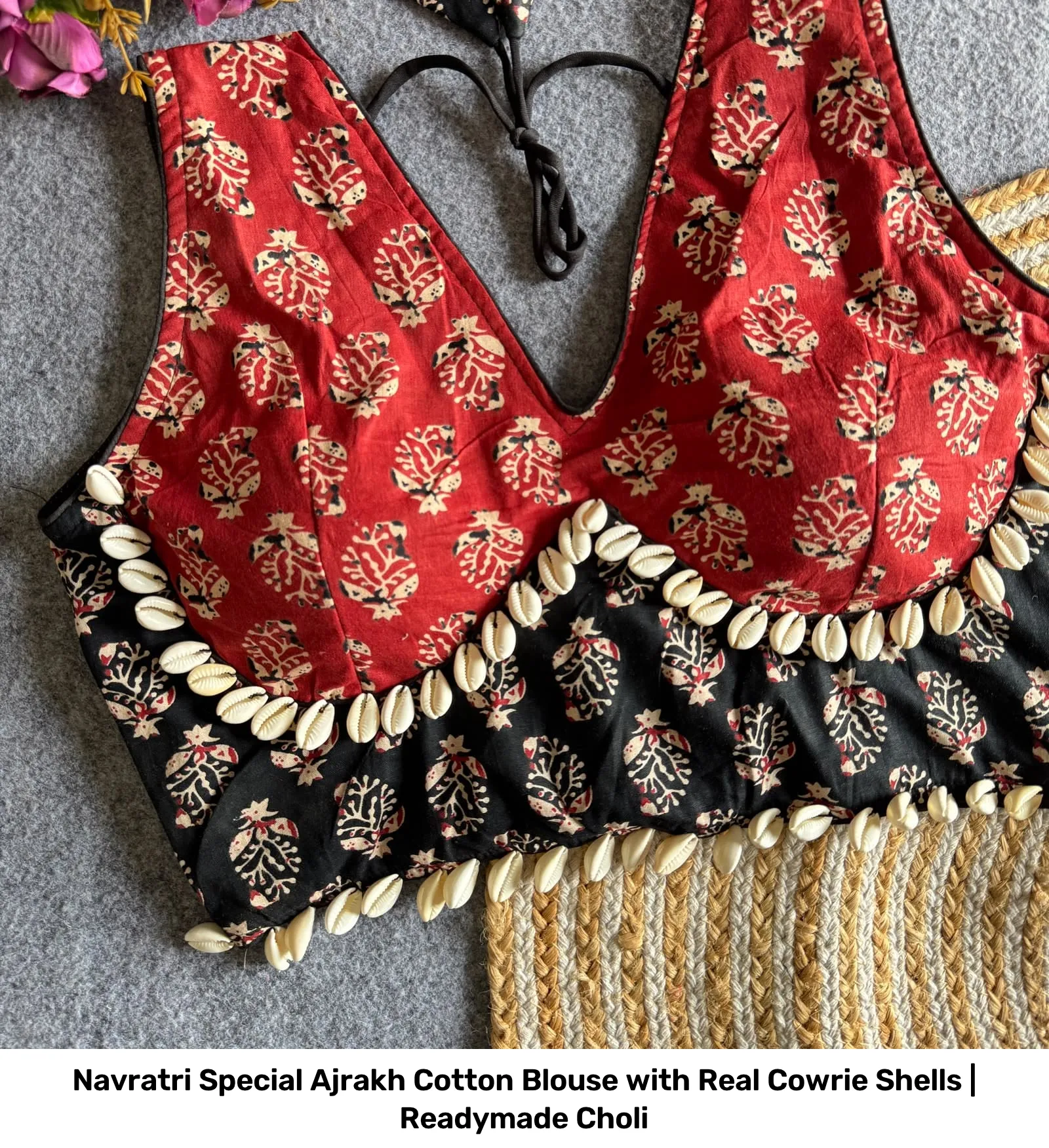 Navratri Special Ajrakh Cotton Blouse with Real Cowrie Shells | Readymade Choli 2
