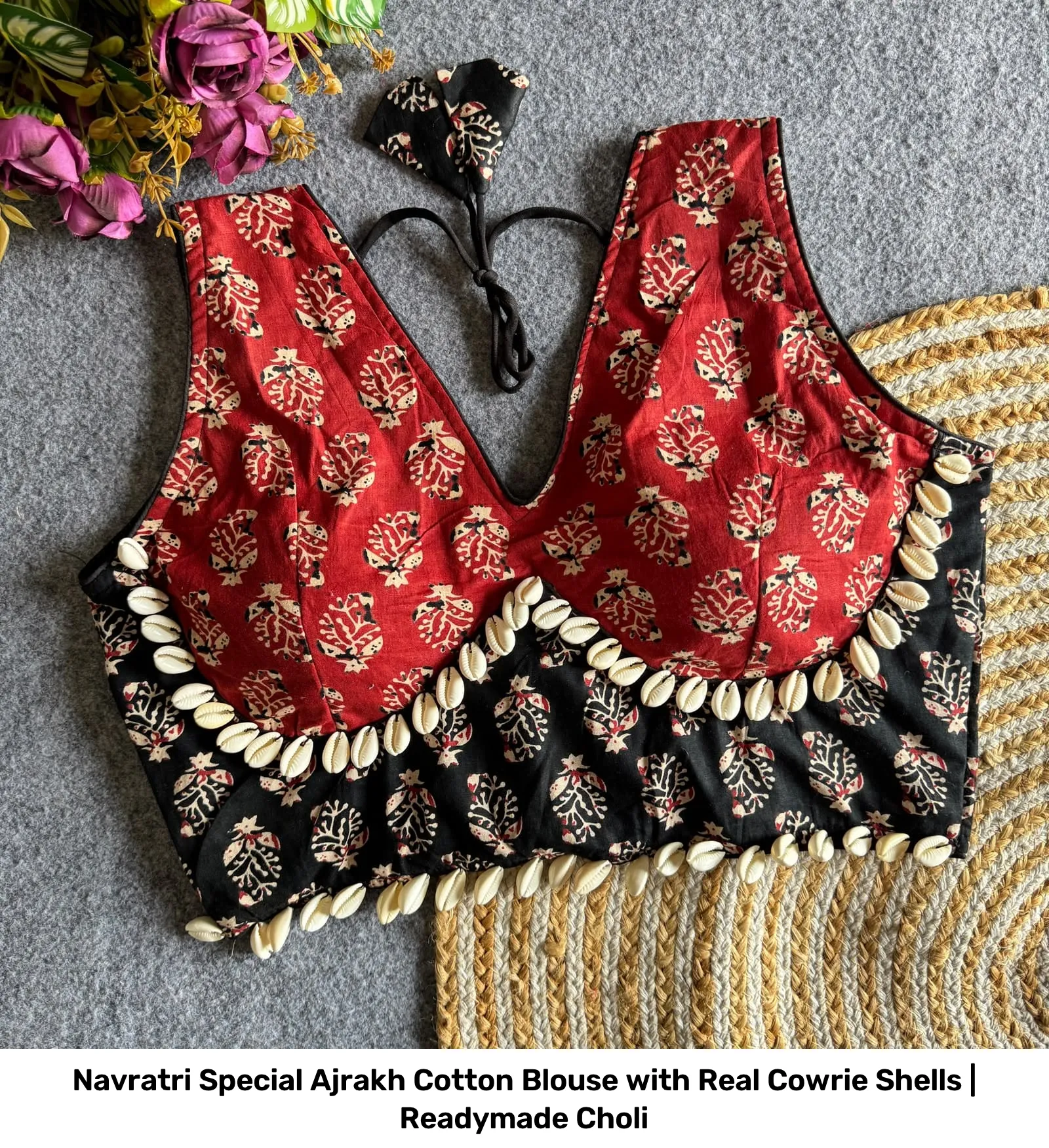 Navratri Special Ajrakh Cotton Blouse with Real Cowrie Shells | Readymade Choli 3