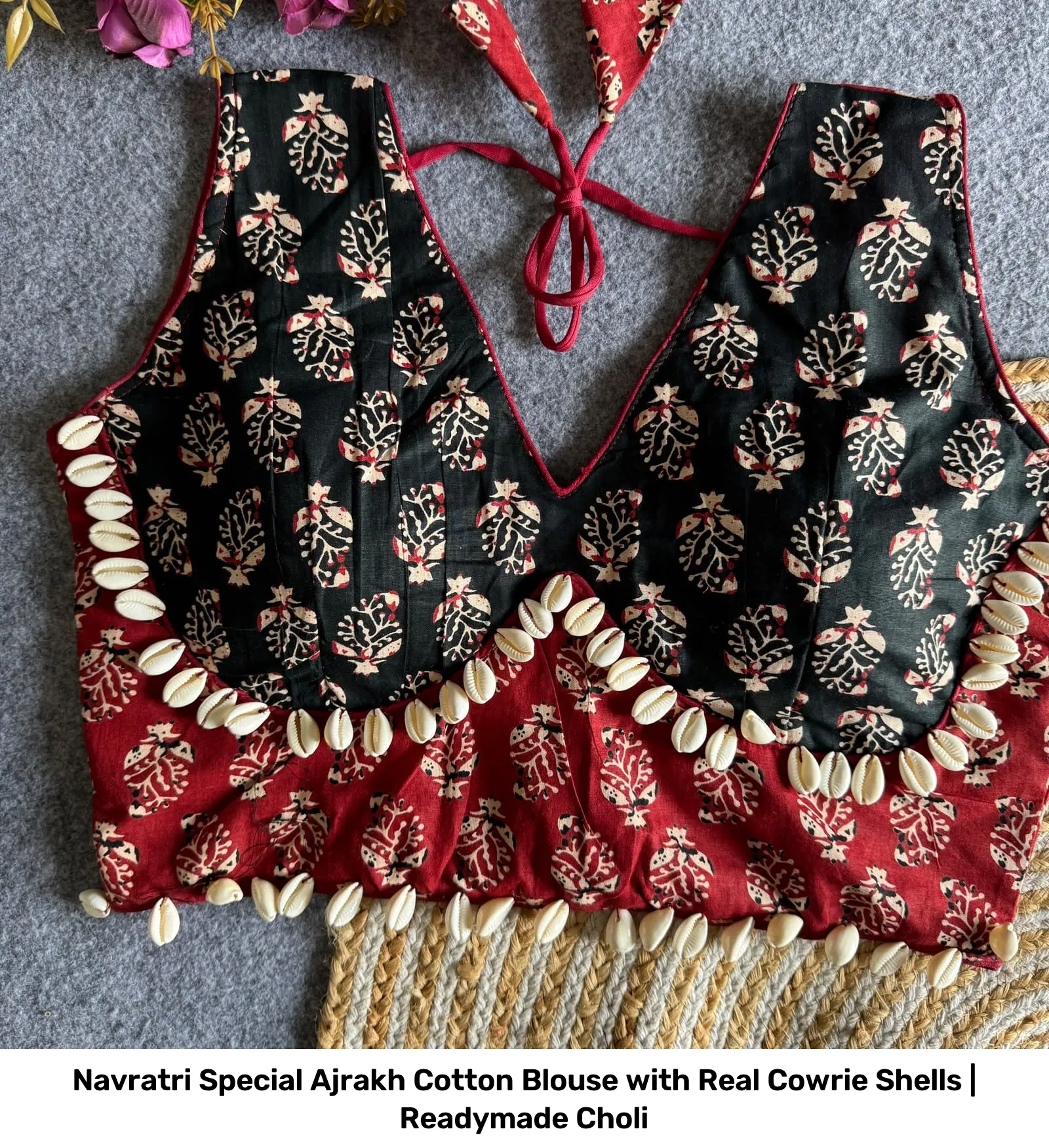 Navratri Special Ajrakh Cotton Blouse with Real Cowrie Shells | Readymade Choli 4