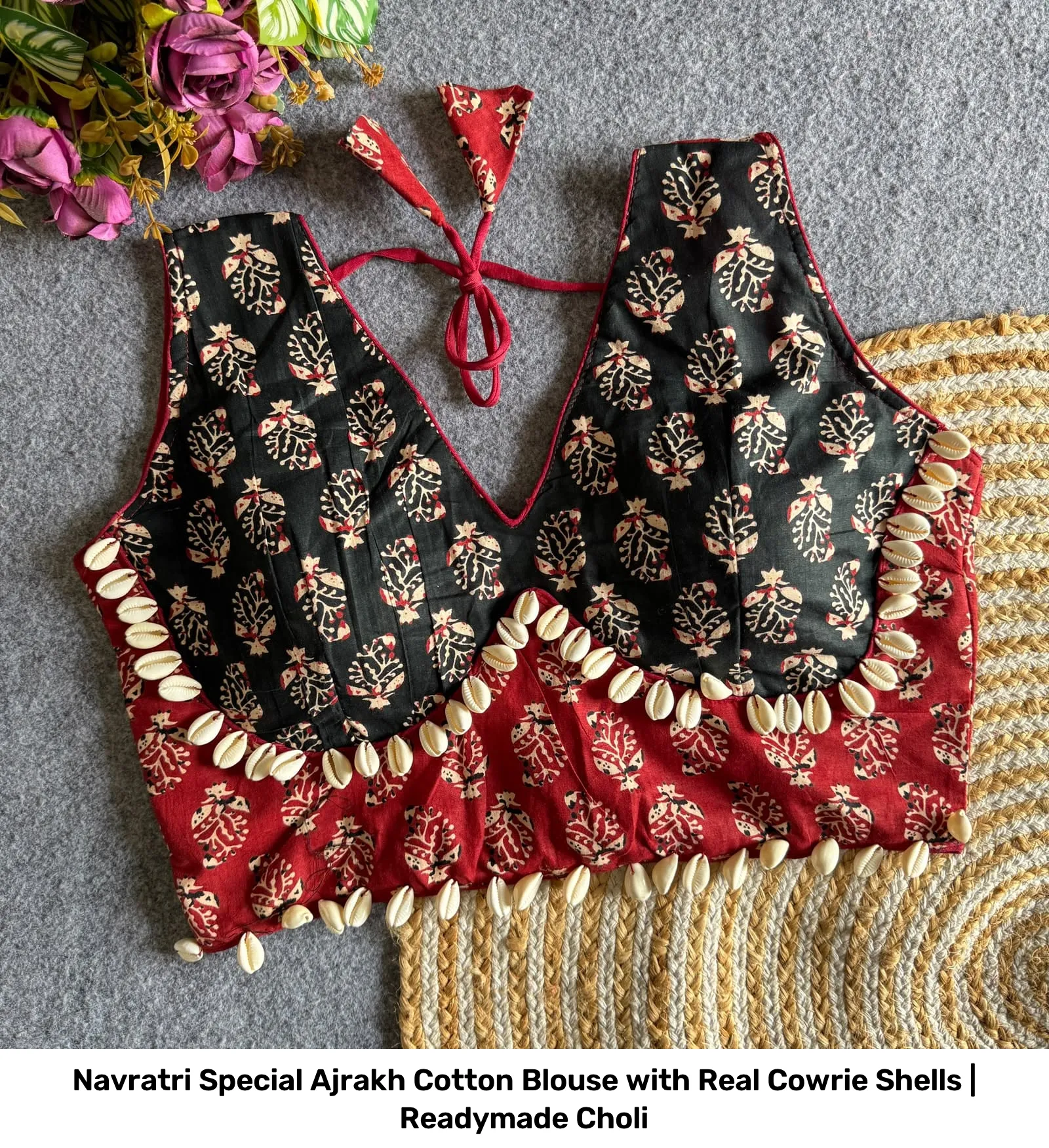 Navratri Special Ajrakh Cotton Blouse with Real Cowrie Shells | Readymade Choli 5