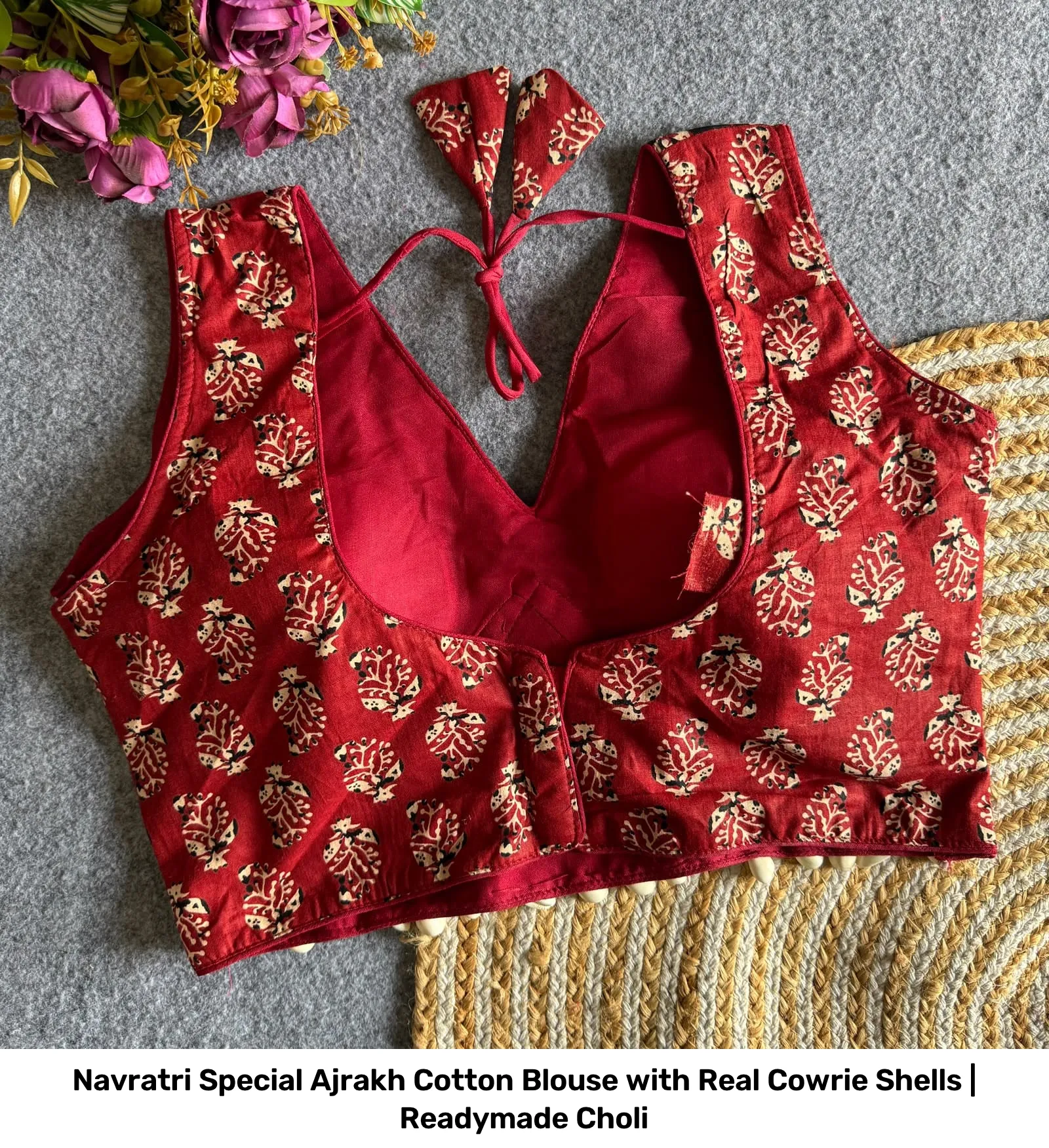 Navratri Special Ajrakh Cotton Blouse with Real Cowrie Shells | Readymade Choli 6