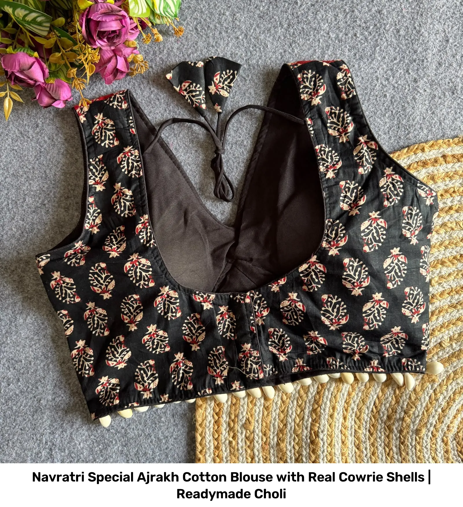 Navratri Special Ajrakh Cotton Blouse with Real Cowrie Shells | Readymade Choli 7