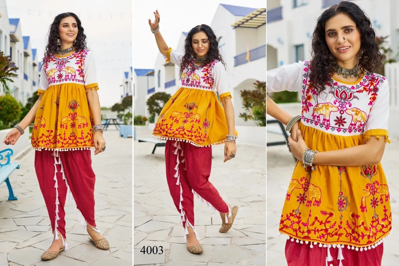 Navratri Traditional Gujarati Embroidered Khadi Cotton Kedia with Tulip Dhoti Pant Set (2 Pcs)