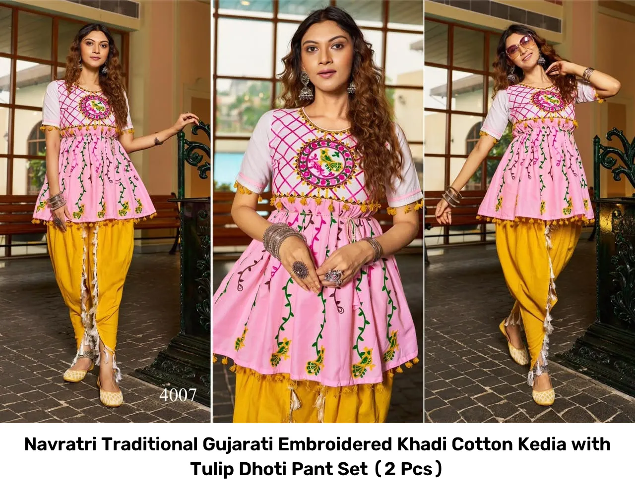 Navratri Traditional Gujarati Embroidered Khadi Cotton Kedia with Tulip Dhoti Pant Set (2 Pcs) 2