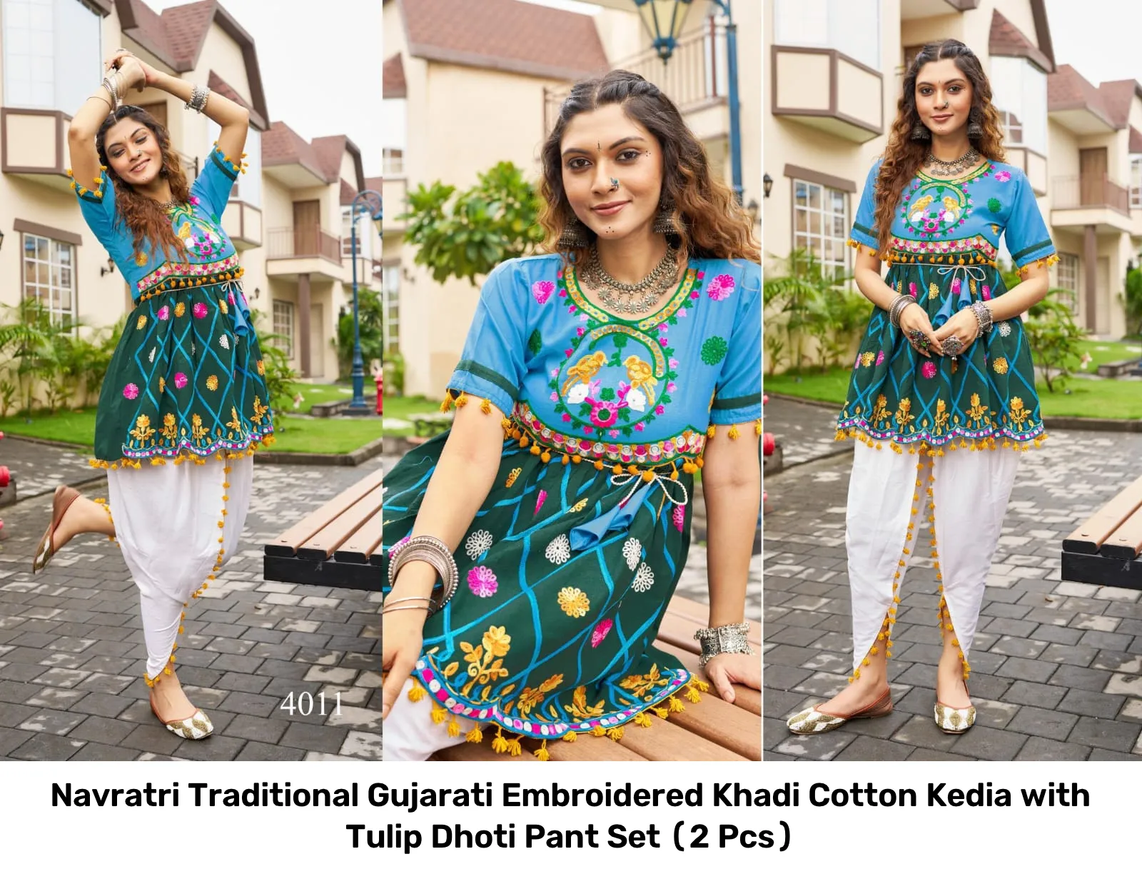 Navratri Traditional Gujarati Embroidered Khadi Cotton Kedia with Tulip Dhoti Pant Set (2 Pcs) 3