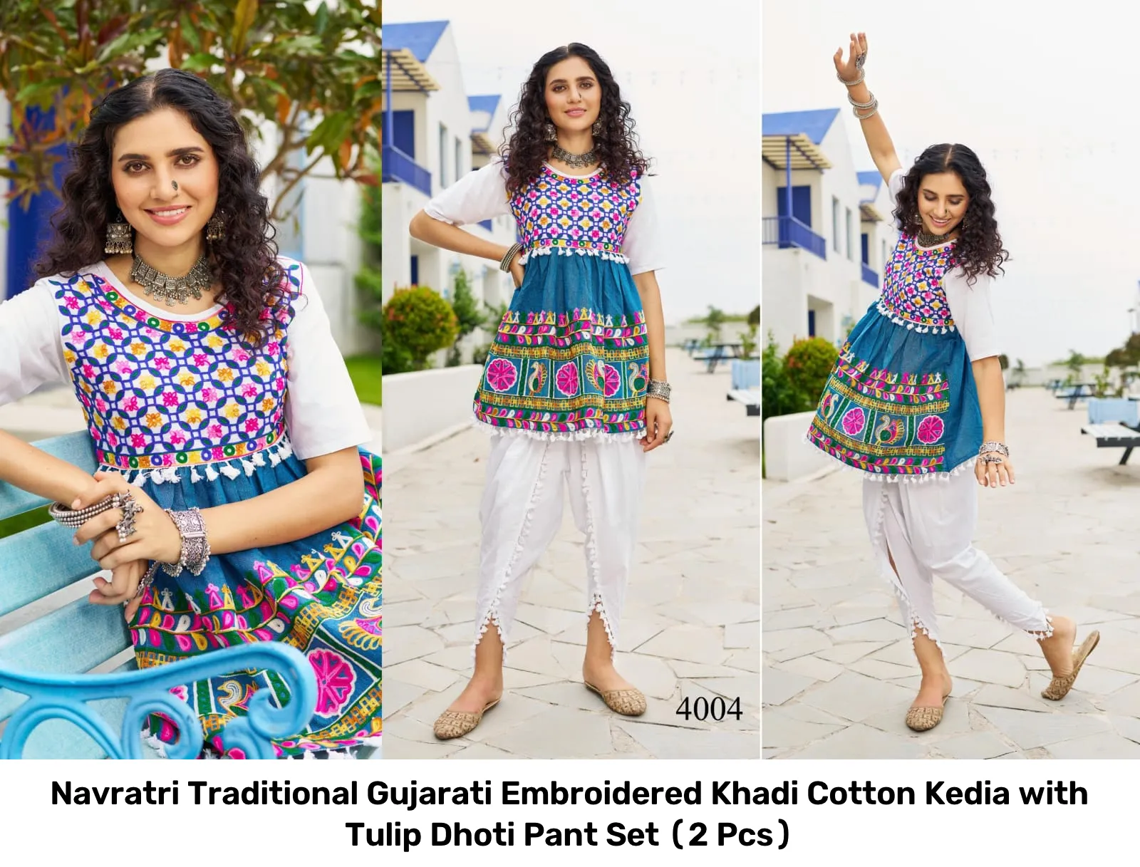 Navratri Traditional Gujarati Embroidered Khadi Cotton Kedia with Tulip Dhoti Pant Set (2 Pcs) 4