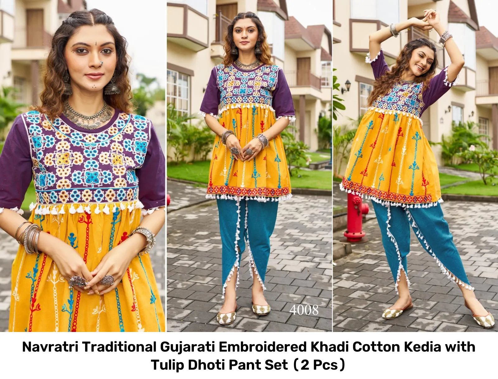 Navratri Traditional Gujarati Embroidered Khadi Cotton Kedia with Tulip Dhoti Pant Set (2 Pcs) 5