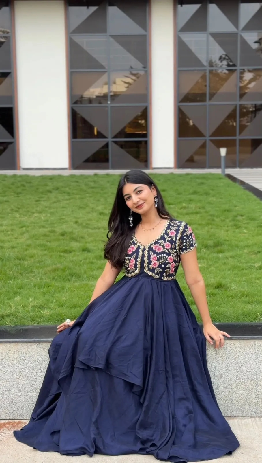 Navy Blue Embroidered Yoke Flared Long Frock Gown
