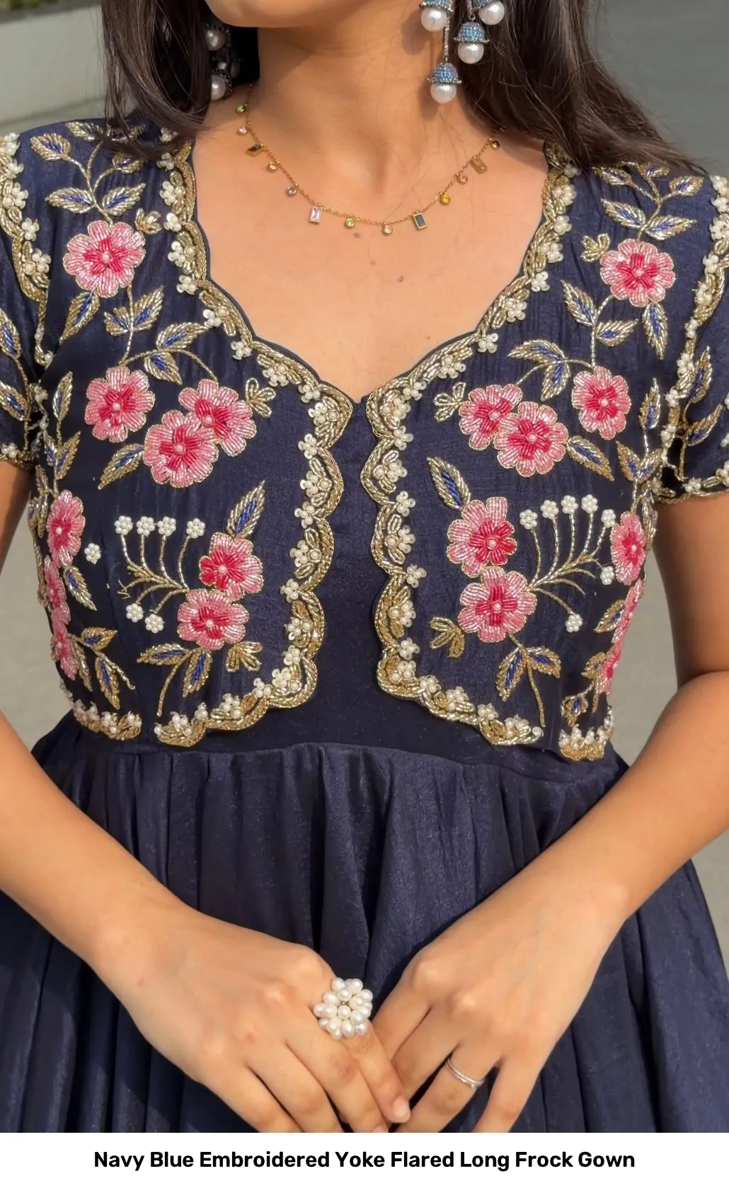 Navy Blue Embroidered Yoke Flared Long Frock Gown 2