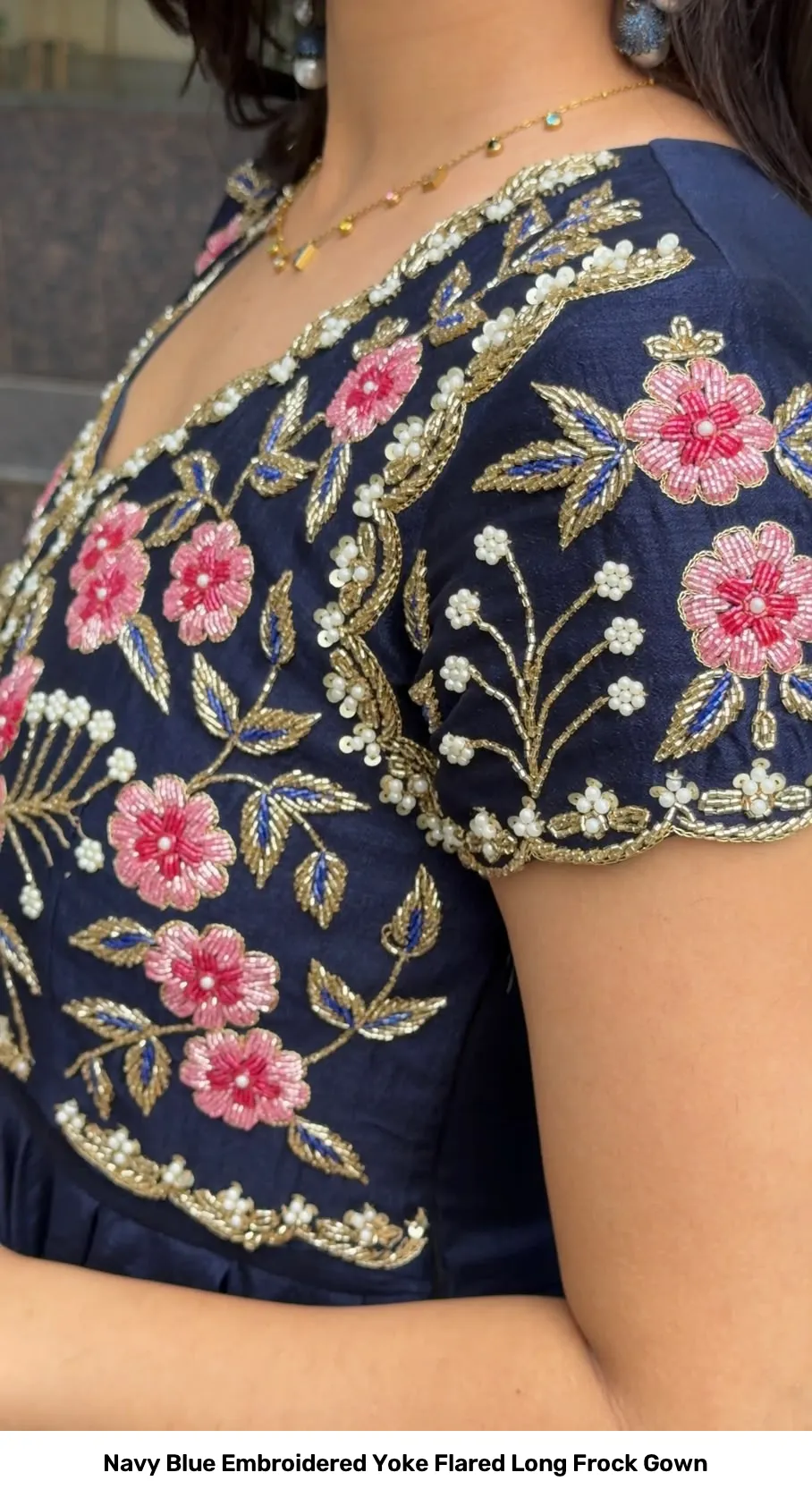 Navy Blue Embroidered Yoke Flared Long Frock Gown 3