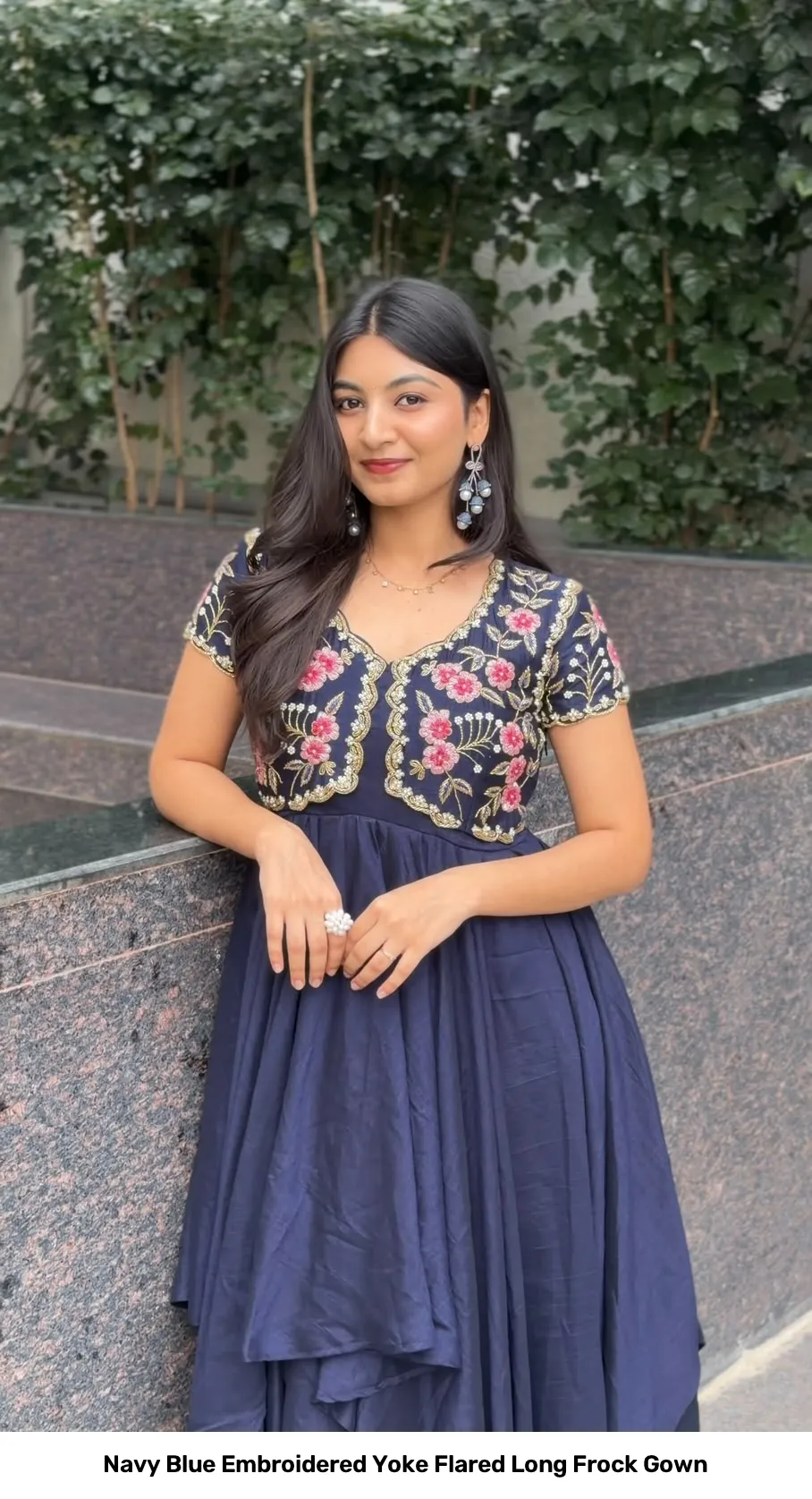 Navy Blue Embroidered Yoke Flared Long Frock Gown 4