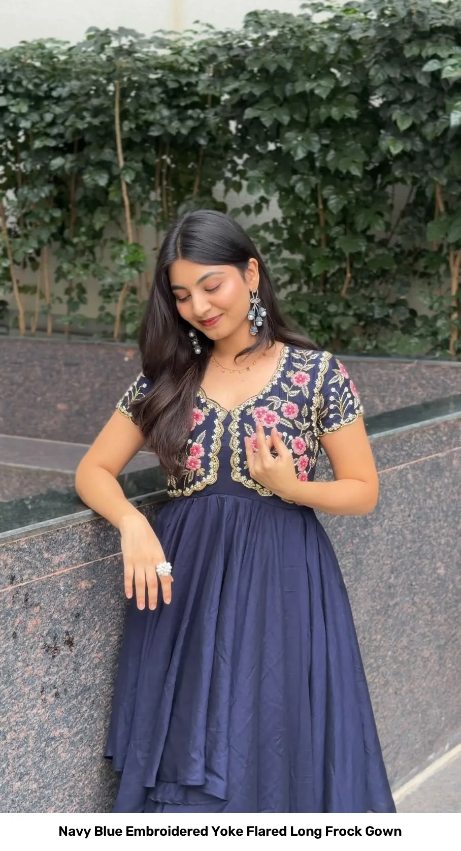 Navy Blue Embroidered Yoke Flared Long Frock Gown 5