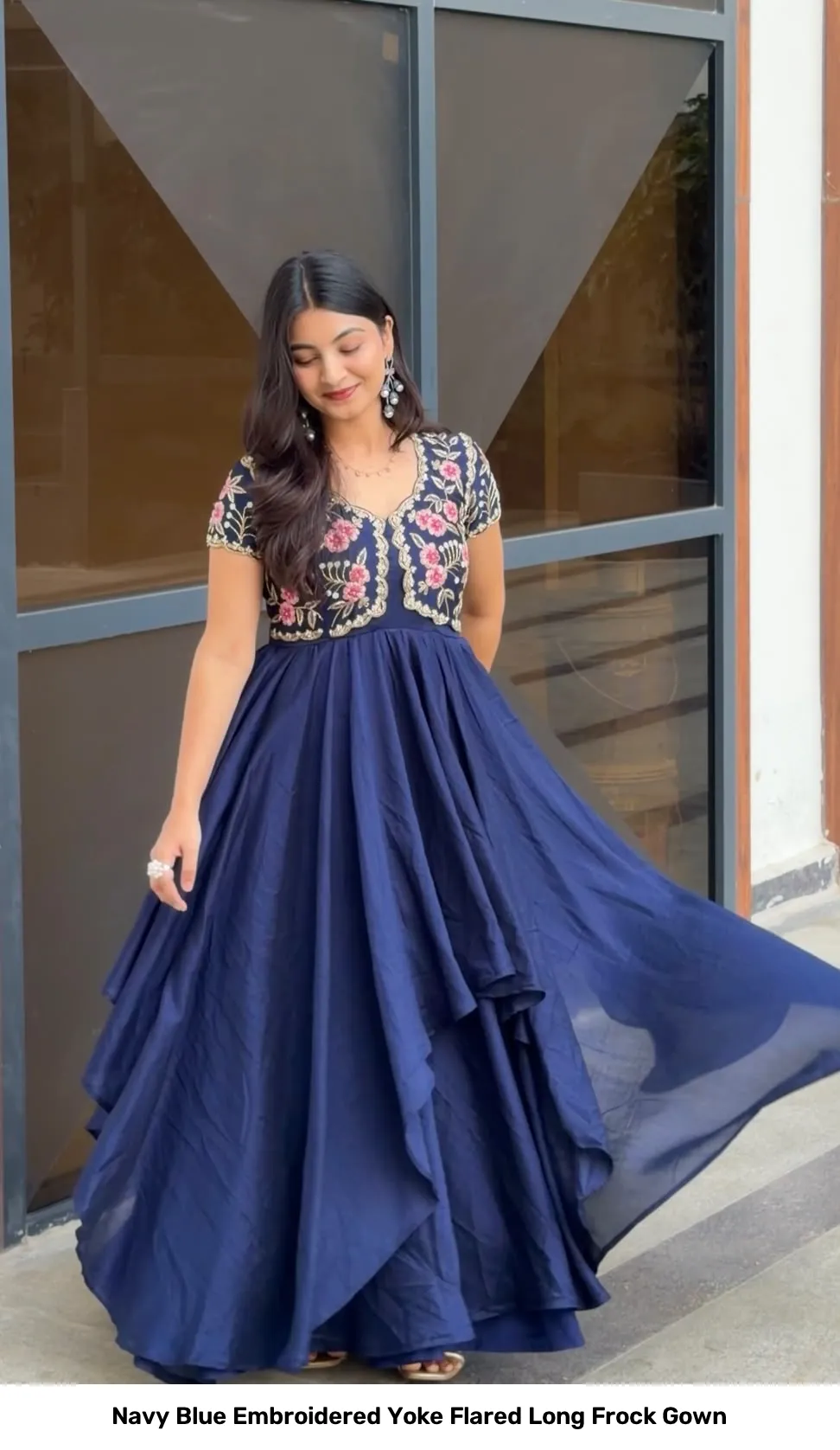 Navy Blue Embroidered Yoke Flared Long Frock Gown 6