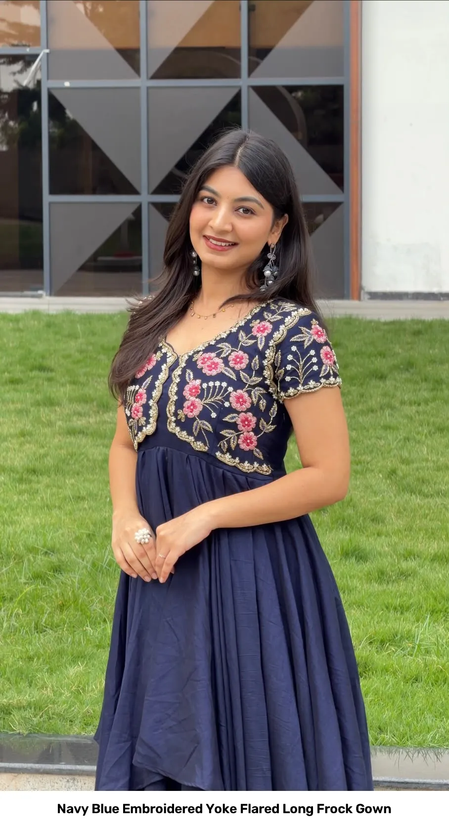Navy Blue Embroidered Yoke Flared Long Frock Gown 7