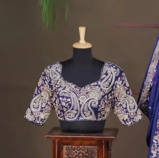 Navy Blue Maggam Blouse Heavy Paisley Zardozi & Cutwork