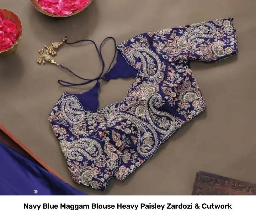 Navy Blue Maggam Blouse Heavy Paisley Zardozi & Cutwork 2