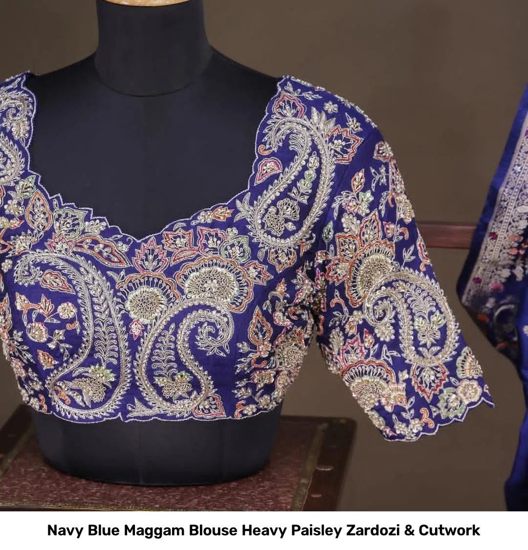 Navy Blue Maggam Blouse Heavy Paisley Zardozi & Cutwork 3