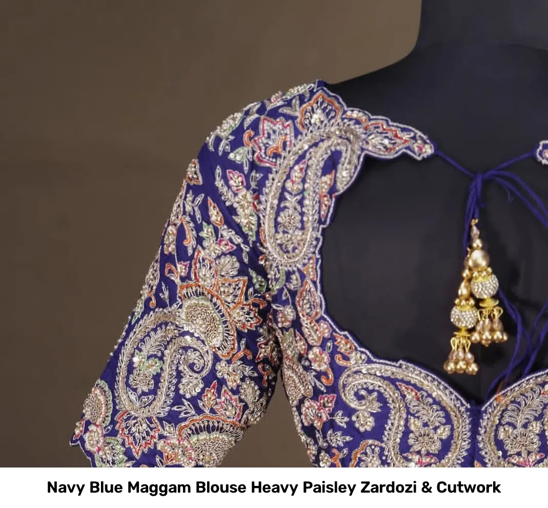 Navy Blue Maggam Blouse Heavy Paisley Zardozi & Cutwork 4