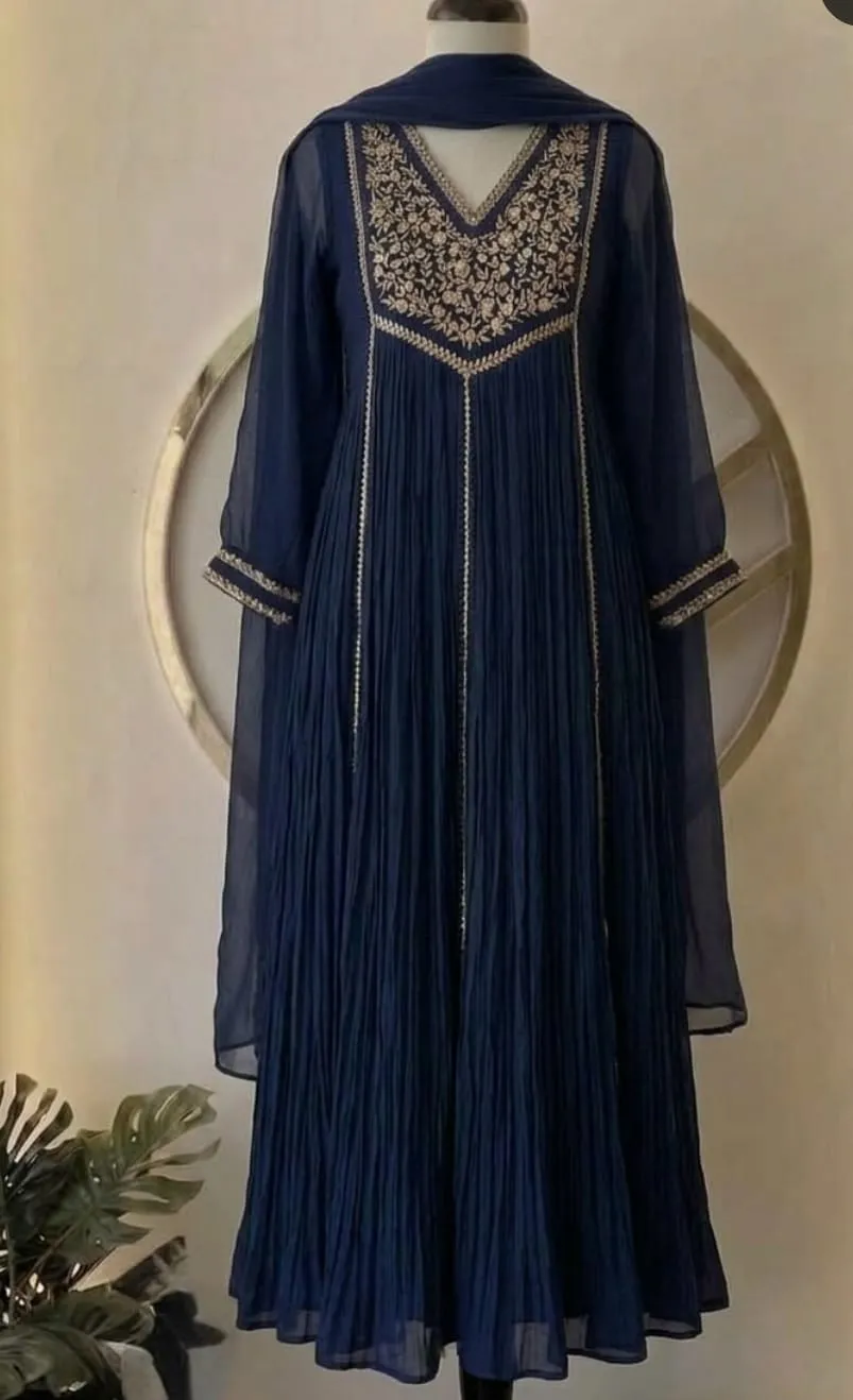 Navy Blue Pleated Georgette Anarkali Suit Set