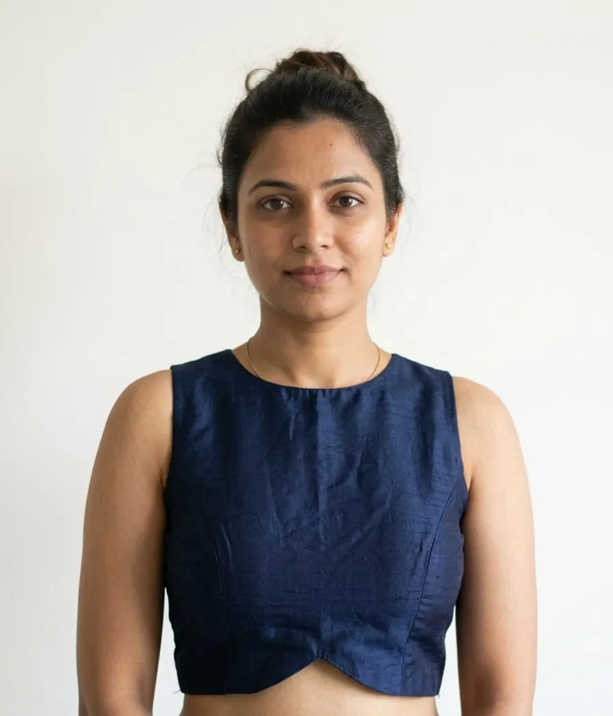 Navy Blue Raw Silk Sleeveless Saree Blouse – High Boat Neck Inverted V-Cut Crop Top Choli