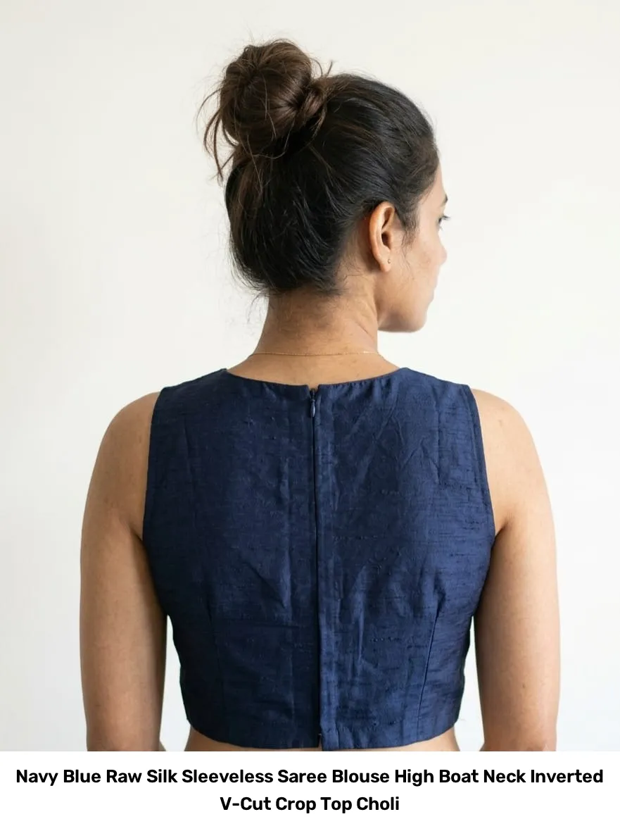 Navy Blue Raw Silk Sleeveless Saree Blouse – High Boat Neck Inverted V-Cut Crop Top Choli 2