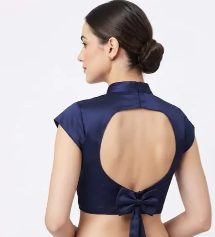 Navy Blue Satin High Neck Blouse