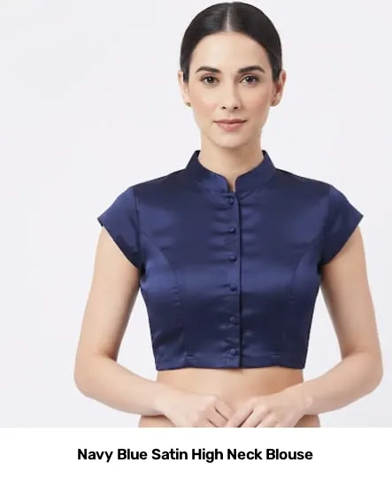 Navy Blue Satin High Neck Blouse 2
