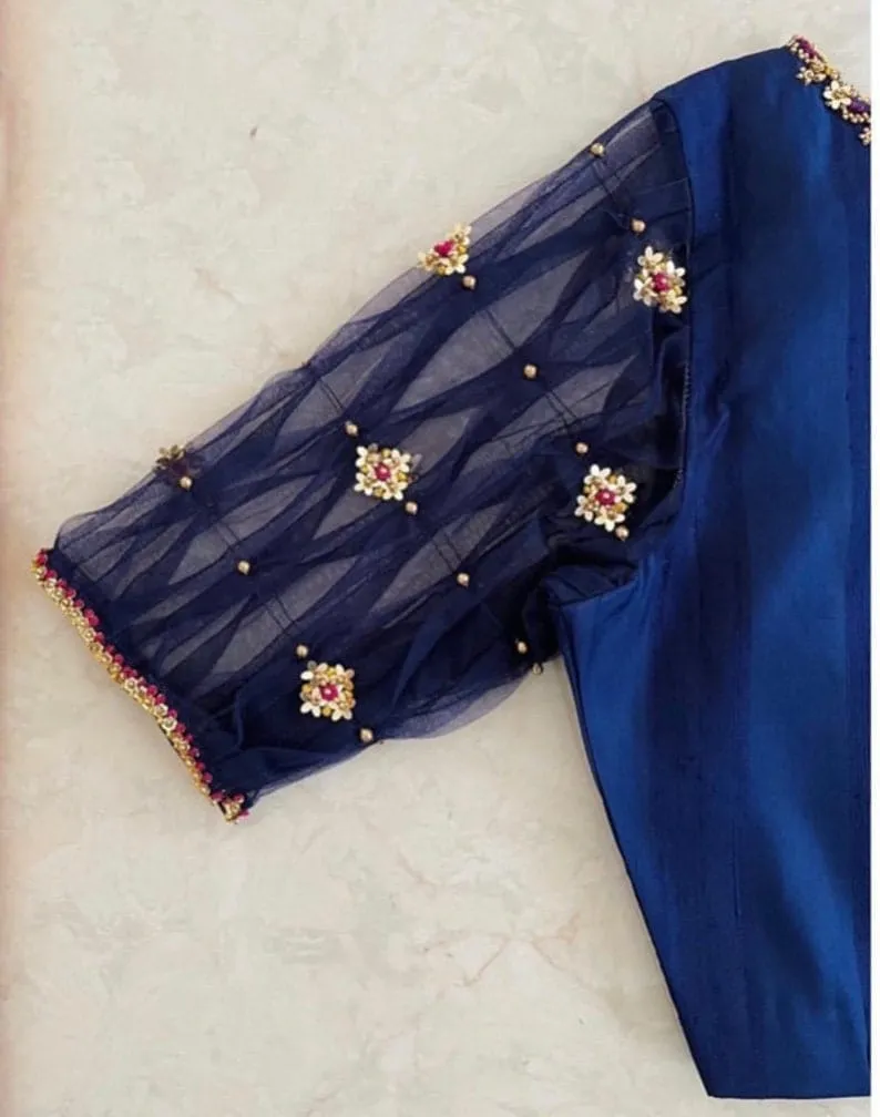 Navy Blue Silk Blouse with Pleated Net Sleeves & Cutout Back