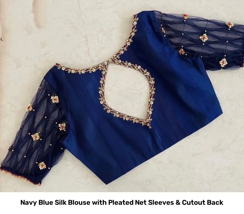 Navy Blue Silk Blouse with Pleated Net Sleeves & Cutout Back 2