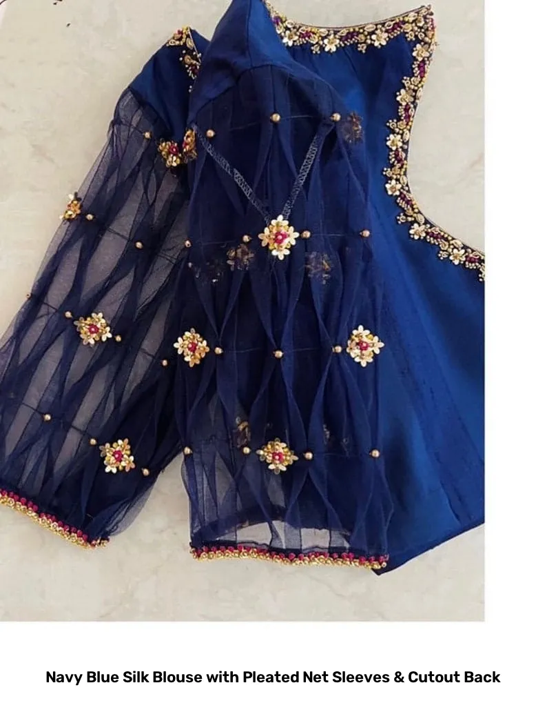 Navy Blue Silk Blouse with Pleated Net Sleeves & Cutout Back 3