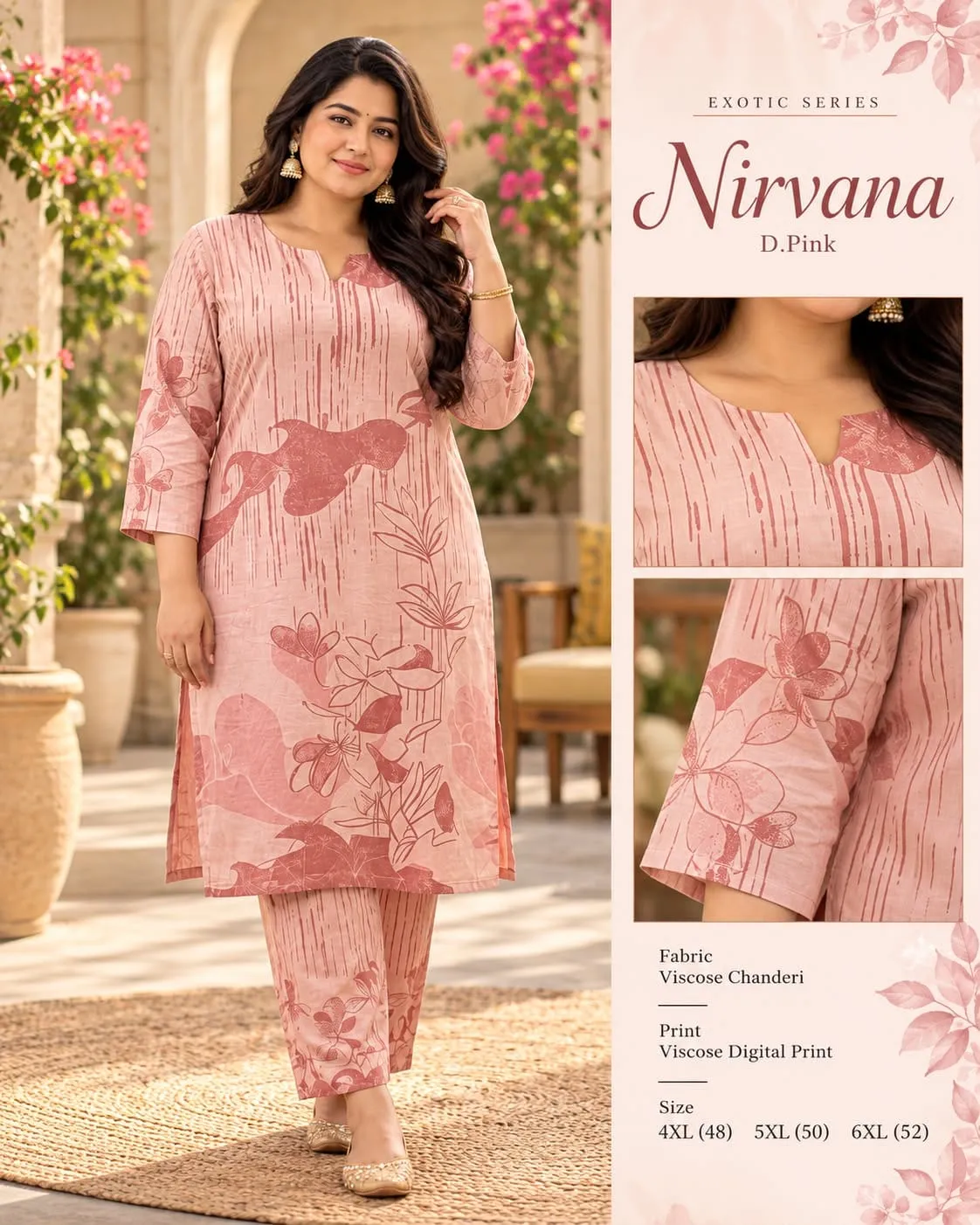Nirvana Floral Viscose Chanderi Kurti with Pants | Plus Size (4XL–6XL) Daily & Festive Ethnic Co-Ord Set