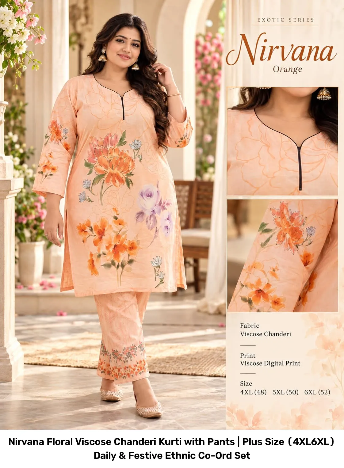 Nirvana Floral Viscose Chanderi Kurti with Pants | Plus Size (4XL–6XL) Daily & Festive Ethnic Co-Ord Set 2