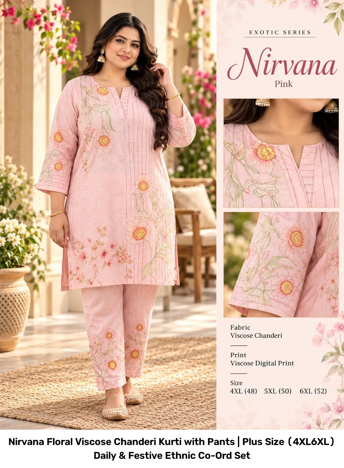 Nirvana Floral Viscose Chanderi Kurti with Pants | Plus Size (4XL–6XL) Daily & Festive Ethnic Co-Ord Set 3