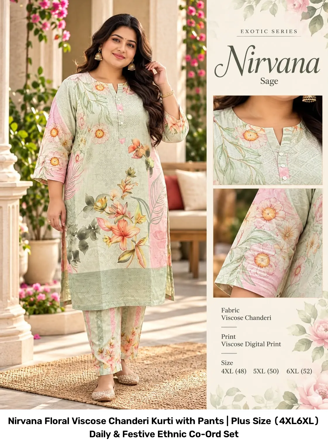 Nirvana Floral Viscose Chanderi Kurti with Pants | Plus Size (4XL–6XL) Daily & Festive Ethnic Co-Ord Set 4