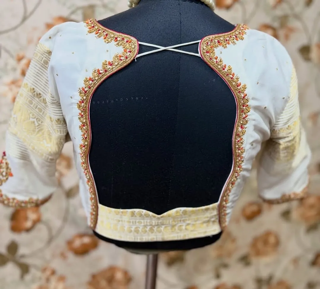 Off-White Bridal Maggam Work Blouse – Zari Border Puff Sleeve & Scallop Cut-Out Back Neck Hand Embroidered Blouse