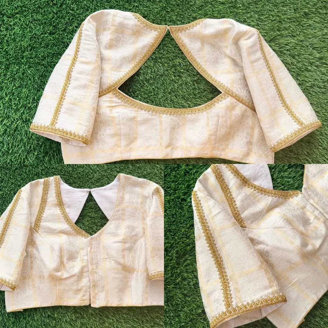 Off-White Brocade Readymade Blouse with Cutout Back