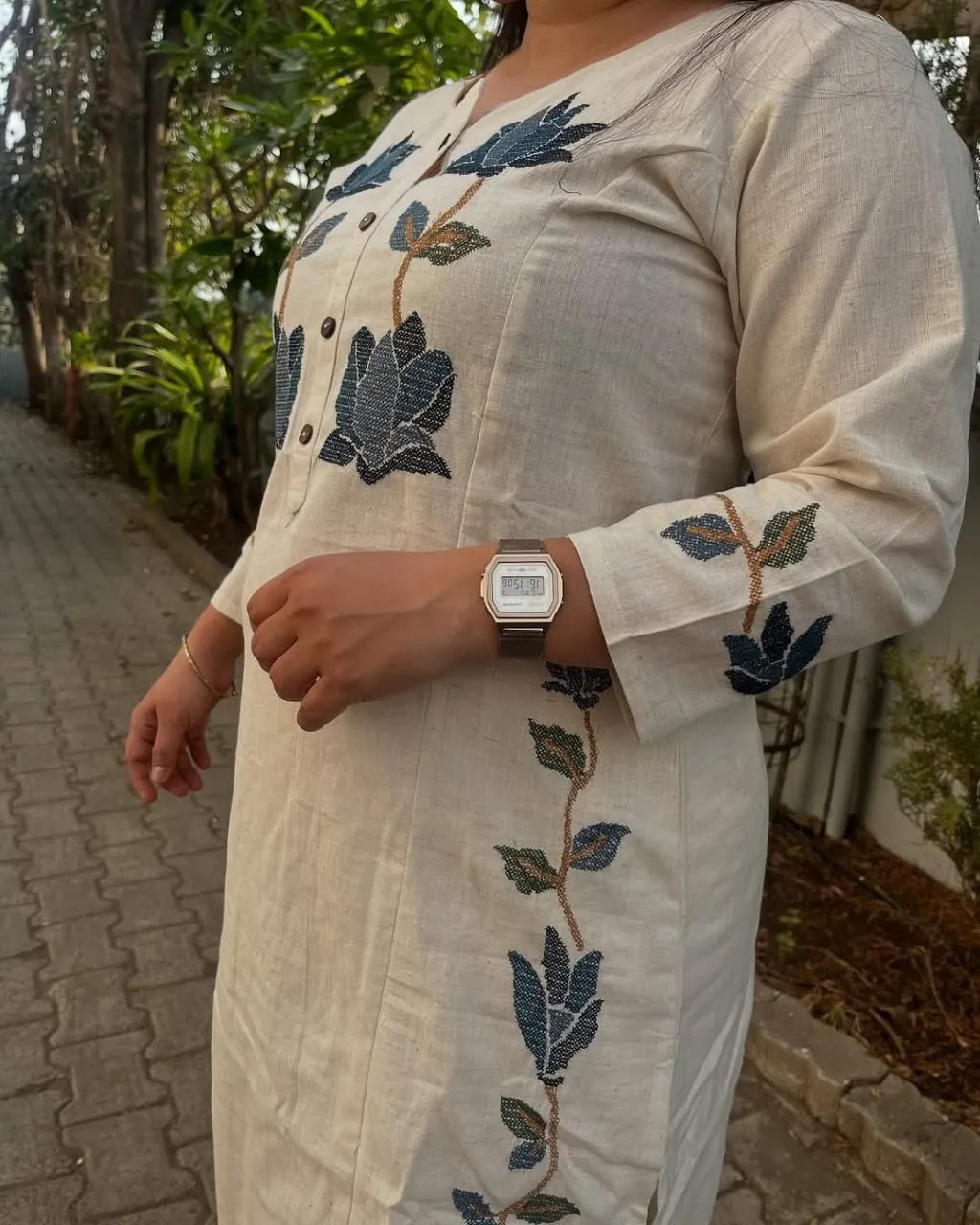 Off-White Cotton Flex Embroidered Co-Ord Set – Kurti with Pants (Work to Vacation Wear)