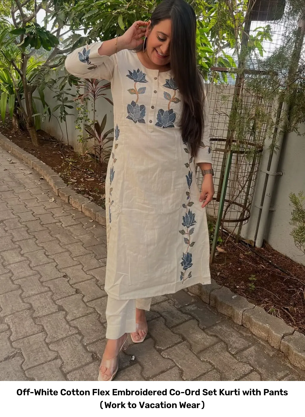 Off-White Cotton Flex Embroidered Co-Ord Set – Kurti with Pants (Work to Vacation Wear) 2