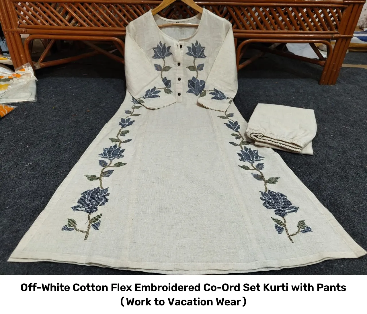 Off-White Cotton Flex Embroidered Co-Ord Set – Kurti with Pants (Work to Vacation Wear) 3