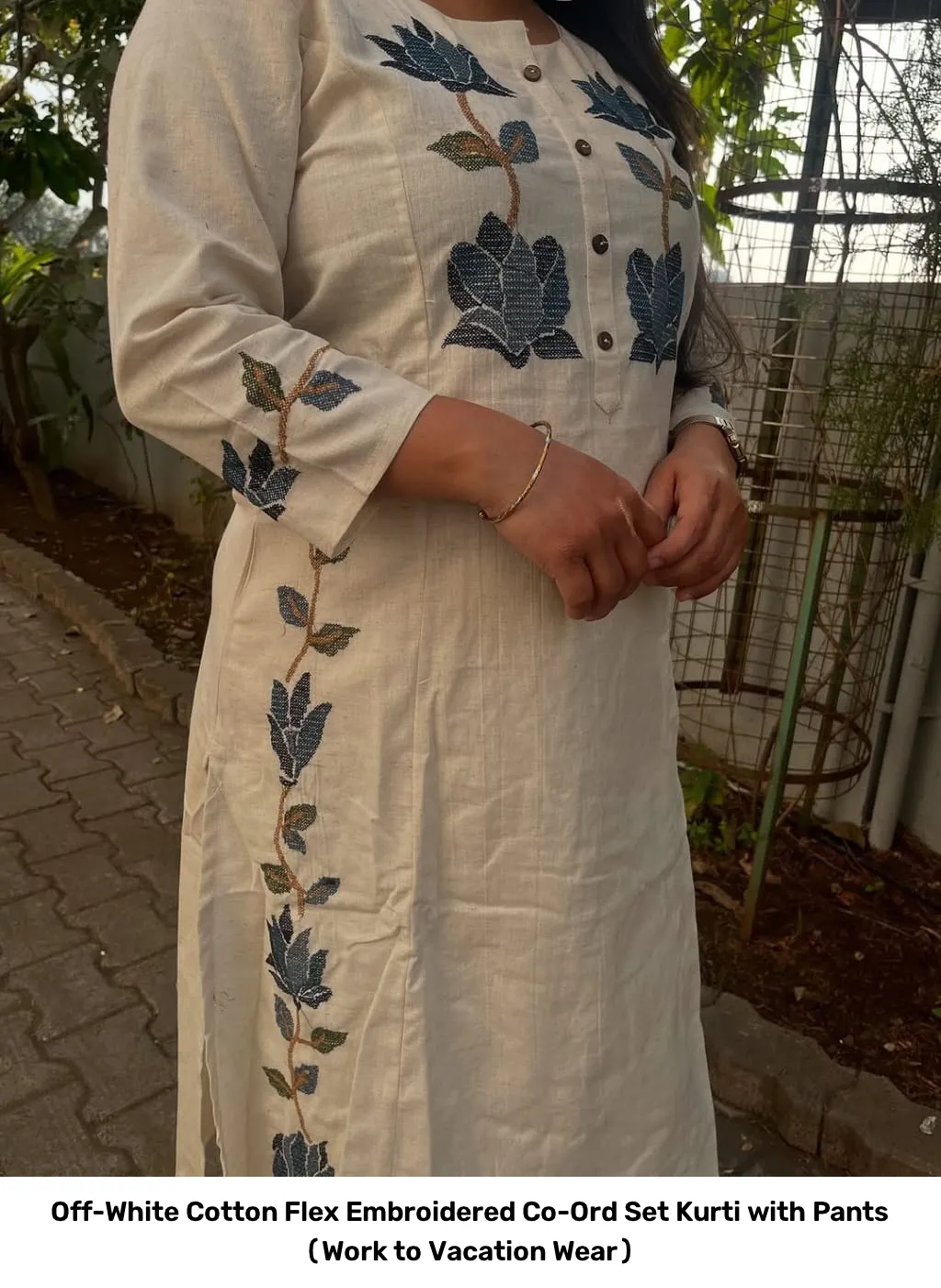 Off-White Cotton Flex Embroidered Co-Ord Set – Kurti with Pants (Work to Vacation Wear) 4