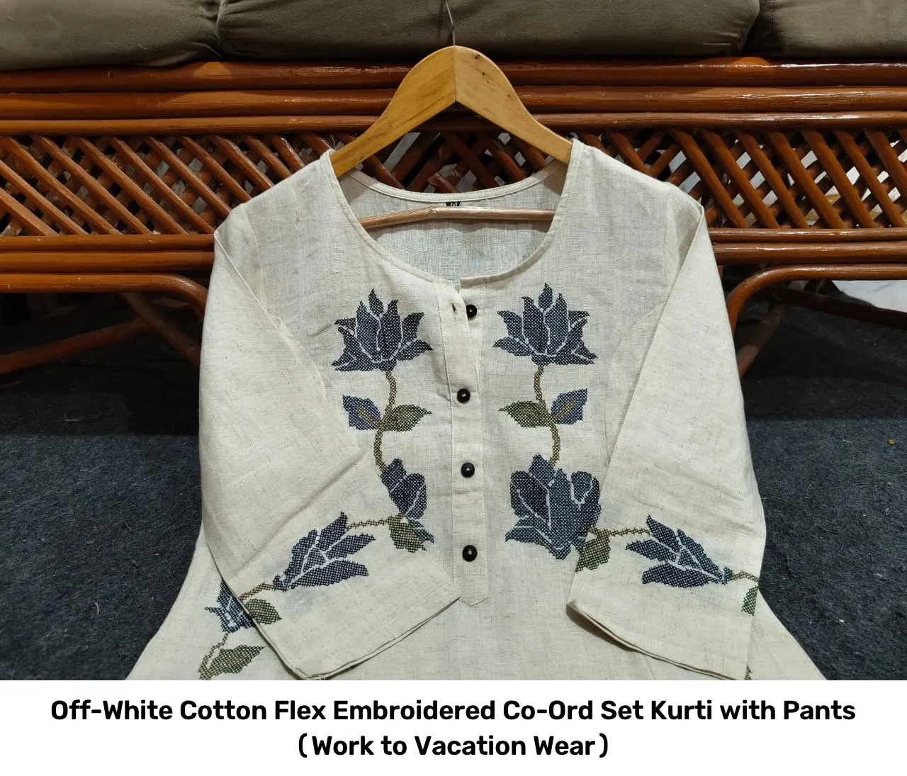 Off-White Cotton Flex Embroidered Co-Ord Set – Kurti with Pants (Work to Vacation Wear) 5